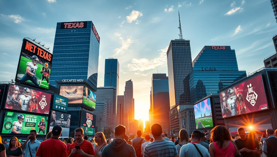 A crowd gathers in downtown Texas surrounded by tall buildings and vibrant digital billboards promoting sports betting, with the sun setting in the background. Downtown Texas Sports Betting Billboards at Sunset