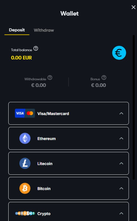 Deposit funds using Visa, Mastercard, Ethereum, Litecoin, Bitcoin, or other cryptocurrencies casino deposit page screenshot
