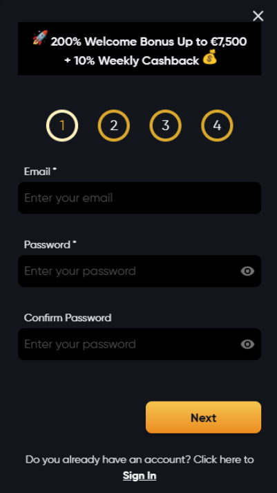 Register with your email and password to claim a 200% welcome bonus and 10% weekly cashback at the online casino instant casino signup form